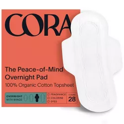Cora Organic Cotton Ultra Thin Overnight Fragrance Free Pads with Wings for Periods - Super Absorbency - 28ct