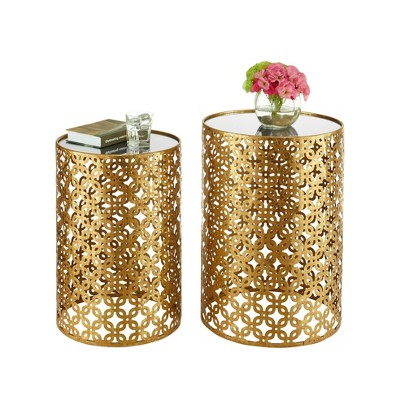 Set of 2 Gold Round Metal Mirrored Nested Tables