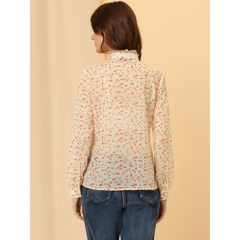 Allegra K Women's Ruffled Neck Long Sleeve Semi Sheer Chiffon Floral Shirt, 4 of 6