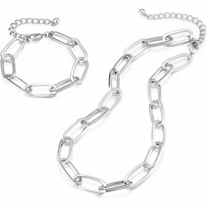 Gold Chain Necklace and Bracelet Set for Women Dainty Chunky Paperclip - 1 of 4