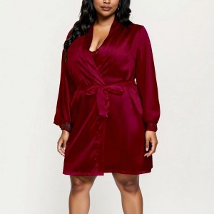 Anna-Kaci Lounge Women's PLus Size Satin Robe and Slip Set with Soft Lace Trim on Sleeves and Delicate Sheen - 1 of 4