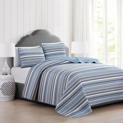 Blue and Grey Twin Reversible Microfiber Quilt Set