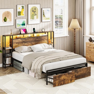 Platform Bed Frame with Headboard, 3-Tier Storage Shelves & 2 Drawers, Brown