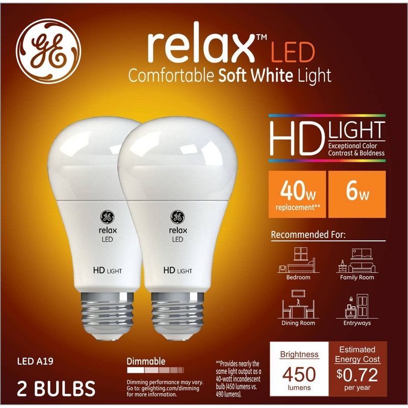 GE 2pk Equivalent Relax LED HD Light Bulbs Soft White, 1 of 6