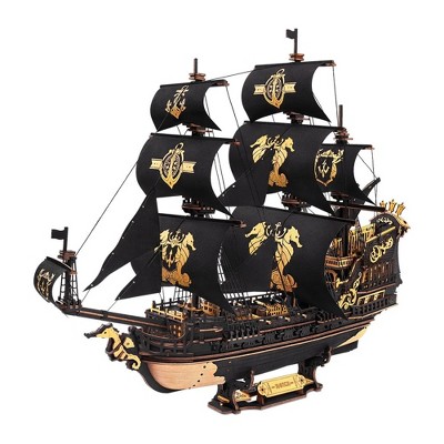 ROBOTIME 3D Puzzles, Wooden Puzzle with Pirate Ship Theme, Building Toys for Kids Adults, Black, 18.5"*7.1"*15.4"