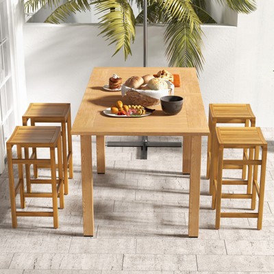 Teak Acacia Wood Outdoor Bar Stools with Ergonomic Seat, Set of 2