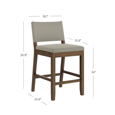 Linus Light Gray Upholstered Counter Height Bar Stools with Dark Brown Wood Legs, Set of 2