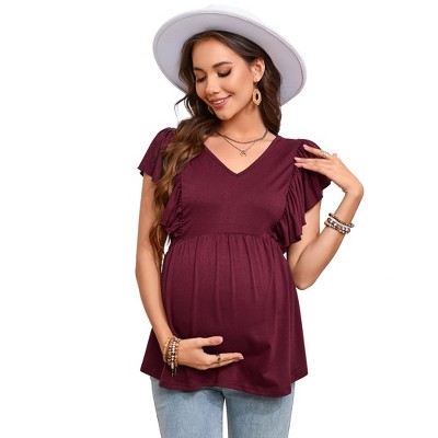 Women's Maternity Tops Shirts Ruffle Short Sleeve Summer Casual T Shirts V Neck High Waist Tops Pregnancy Tunic Blouse