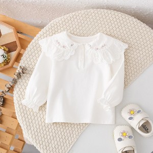 MyKids-USA Autumn New Arrival Girls Peter Pan Collar Short Sleeves Solid Color Floral Pattern Embroidery Top Shirt - 1 of 4