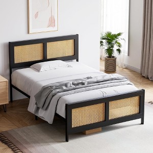 Whizmax Four Size Bed Frame with Rattan Headboard and Footboard, Rattan Platform Bed Frame, Mattress Foundation, No Box Spring Needed, Black - 1 of 4