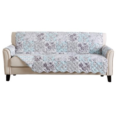 Gray and Aqua Floral Patchwork Stain-Resistant Microfiber Sofa Protector