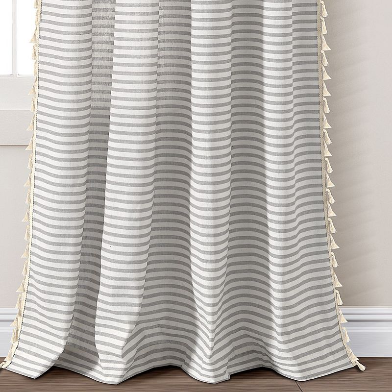 Boho Coastal Horizontal Ticking Stripe Tassel Window Curtain Panels Gray 52X84 Set, 4 of 6