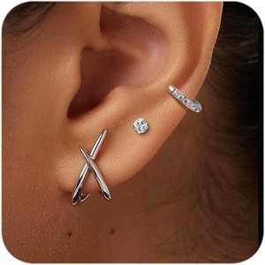 Gold Huggie Hoop Stud Earrings Set for Women Trendy Small 14K Gold Earrings for Multiple Piercing,Simple CZ Cartilage Earrings for Women Gifts 3Pairs - 1 of 4