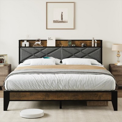 Whizmax Three Size Bed Frame with Storage Headboard, Platform Bed with Charging Station, Metal Bed Frame, No Box Spring Needed, Easy Assembly, Brown