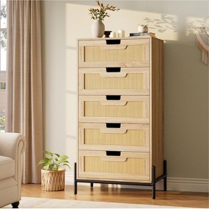 Jojoka Natural Rattan 5 Drawer Dresser, Wooden Chest of Drawer - 1 of 4