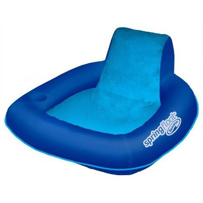 SwimWays Spring Float SunSeat Mesh Floating Inflatable Swimming Pool Lounge Chair in Blue with Comfortable Padded Armrests, Backrests, and Cup Holder