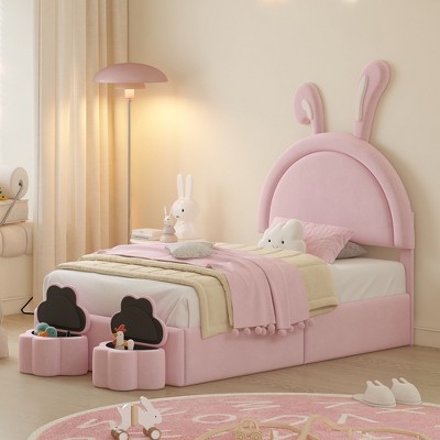 NicBex Full Size Upholstered Bed Frame with Rabbit-Shaped Headboard for Kids,Velvet Platform Bed Frame with 2 Storage Stools,Easy Assembly,Pink