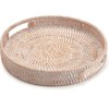 BRINJOY 11.8" Round White Woven Tray - Handmade Rattan Coffee Table Decor with Handles - 2 of 4