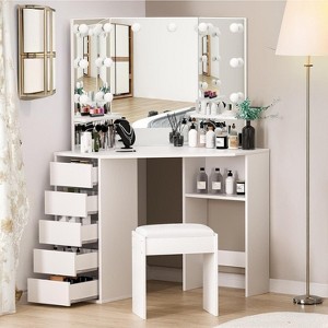 Corner Dressing Table with Mirror and Light, 3 Lighting/Brightness Adjustable, Dressing Table Set with 5 Sliding Drawers/Shelf/Dressing Stool, Black - 1 of 4