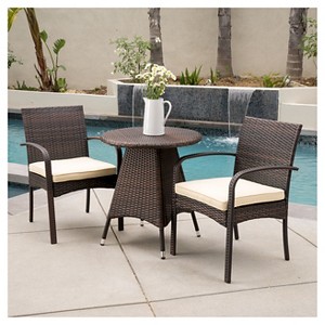 Peterson 3pc Wicker Patio Bistro Set with Cushions: Weather-Resistant, Iron Frame - Christopher Knight Home - 1 of 4