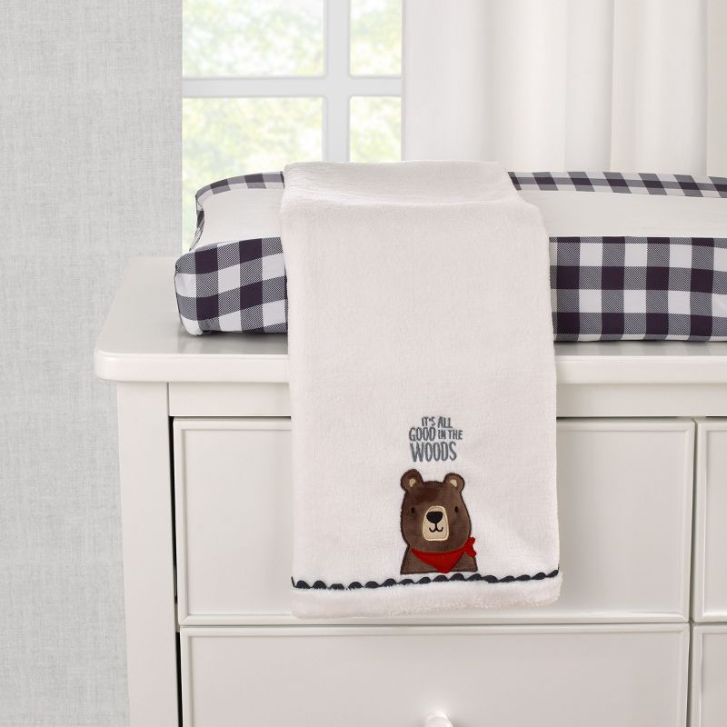 NoJo Into the Wilderness White, Navy, and Brown Bear 'It's All Good in the Woods' Super Soft Applique Baby Blanket with Trim, 3 of 5
