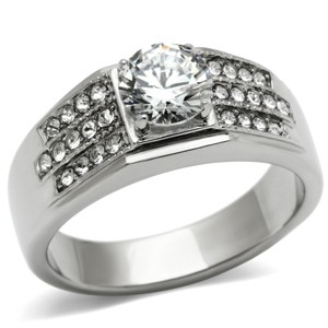 Slickblue Men’s Polished Stainless Steel Ring, Clear CZ Center & Accents, Classic Band Style, Sizes 5-10 - 1 of 4