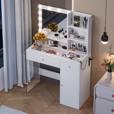 TOBILI Vanity Desk with Mirror and 3 Lighting Modes, Makeup Vanity with Glass Top and Storage Shelves,White
