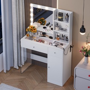 TOBILI Vanity Desk with Mirror and 3 Lighting Modes, Makeup Vanity with Glass Top and Storage Shelves,White - 1 of 4