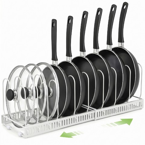 Garnen Pots and Pans Organizer Under Cabinet Kitchen Organizer, Expandable 11.8"-22.8" Adjustable Pan Rack Pot Lid Organizer Kitchen Storage, White