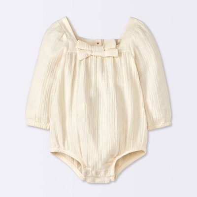 Baby Long Sleeve Bow Romper - Cloud Island™ Cream 0-3M