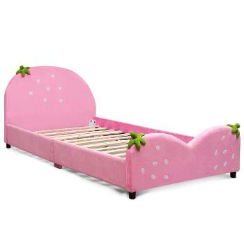 Tangkula Pink Kids Upholstered Twin Bed Toddler Bed with Adjustable Non-slip Feet