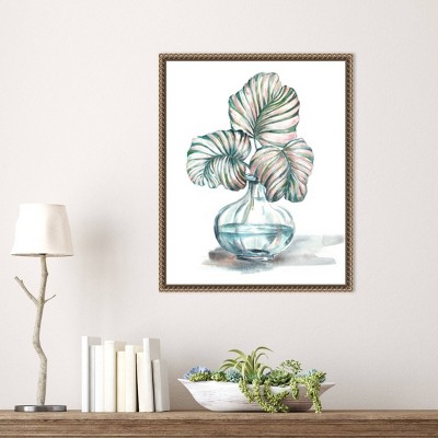 Contemporary Green and Pink Leaf Print on Canvas with Bronze Frame