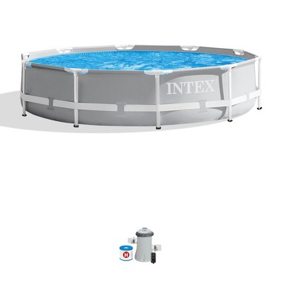 Intex 26701EH 10 Foot x 30 Inch Round Prism Metal Frame Above Ground Outdoor Backyard Swimming Pool with 330 GPH Filter Pump, 1,185 Gallons of Water