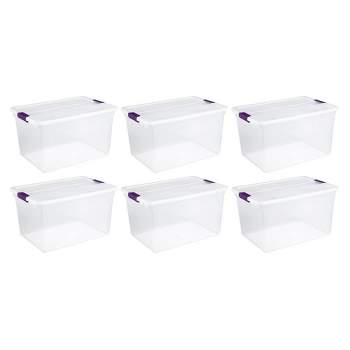 Sterilite 18 Gal Latch and Carry, Stackable Storage Bin with Latching Lid,  Plastic Container to Organize Closets, Clear with Blue Lid, 12-Pack