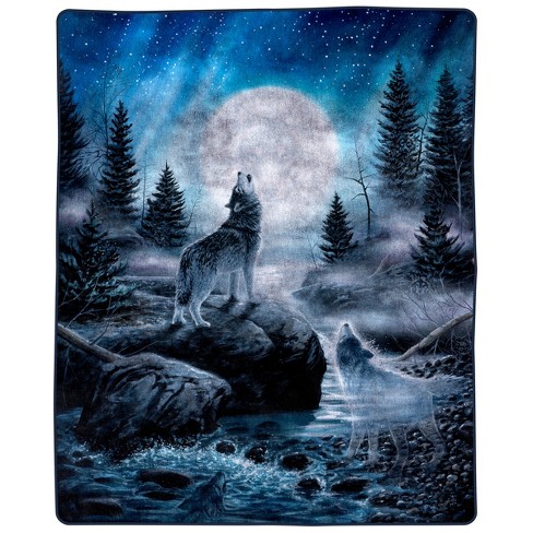 Wolf Blanket 80x92 Inch Printed Howling Wolf Moon Blanket Plush Thick 8lb Faux Mink Queen Throw for Couches Sofas or Beds by Lavish Home Blue