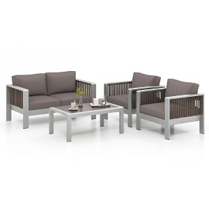 Costway 4 PCS Aluminum Patio Furniture Set with Thick Cushions & Tempered Glass Tabletop - 1 of 4