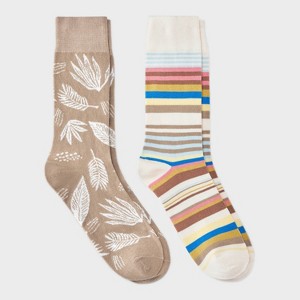 Men's Leaf Print Novelty Crew Socks 2pk - Goodfellow & Co™ Khaki 7-12 - 1 of 3
