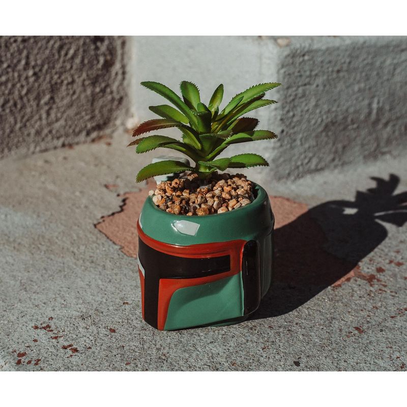 Silver Buffalo Star Wars Boba Fett Helmet 3-Inch Ceramic Mini Planter With Artificial Succulent, 5 of 7