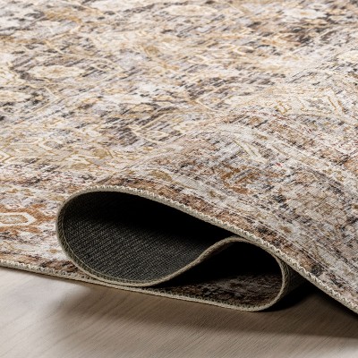 Anise Ivory Floral Rectangular Washable Synthetic Area Rug