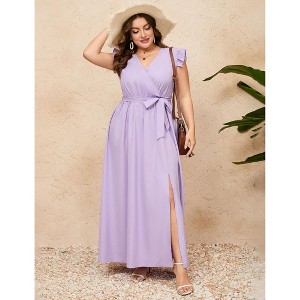 Coolmee Women Plus Size Casual Crossover V Neck Flying Sleeve Hem Slit High Waist Maxi Dress With Belt - 1 of 4