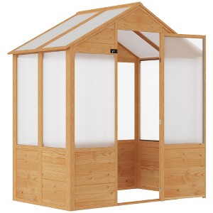 Outsunny 6.2' x 3.9' x 6.9' Polycarbonate Greenhouse, Walk-in Hot House Kit with Lockable Door, 5 Level Wind Resistant Wooden Frame, Natural Wood - 1 of 4