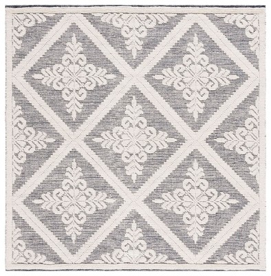 Ivory and Navy Hand-Knotted Wool 6' Square Area Rug