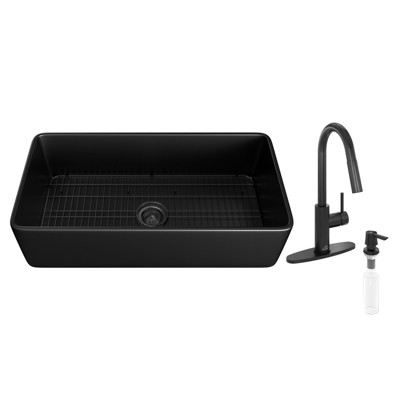 36-inch Fireclay Farmhouse Apron Kitchen Sink with Spring Kitchen Faucet Combo