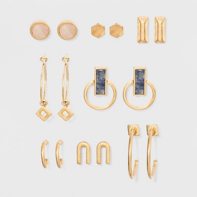 Semi-Precious Sodalite & Pink Moonstone Stud Earring Set 8pc - Universal Thread™ Gold