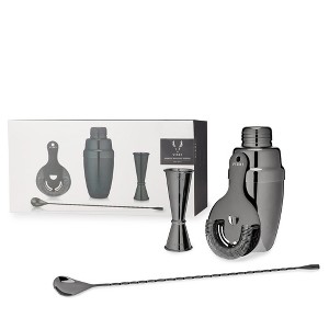 Viski Gunmetal Black Bartender Kit 4pc Set | Drink Mixers for Cocktails Gift Essentials: Cobbler Shaker, Hawthorne Strainer, Barspoon, Gray - 1 of 4
