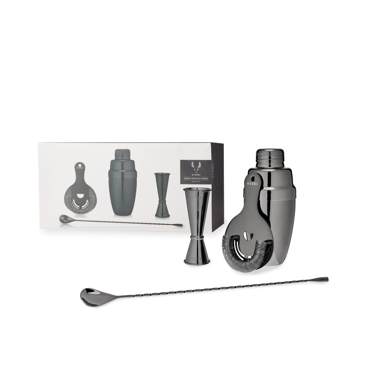 Viski Gunmetal 4-Piece Set Bartender Kit for Coffee & Espresso Cocktails, Cold Brew Drinks, Cocktail Shaker, Strainer, Jigger, Bar Spoon, Black