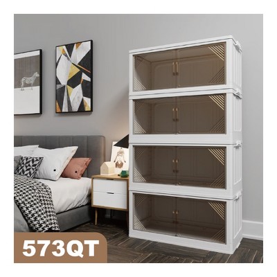 FONTOI 2 PCS Foldable Cabinet with Dual Front Doors, Stackable Storage Container with Removable Top Cover for Home Office, Beige, 15.75"*15"*35.43"