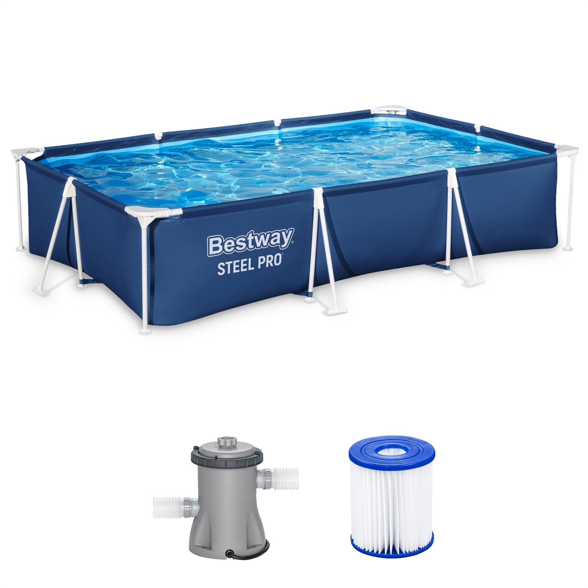Bestway Steel Pro 9.8' x 6.6' x 26" Rectangular Steel Frame Above Ground Outdoor Backyard Swimming Pool Set with 330 GPH Filter Pump