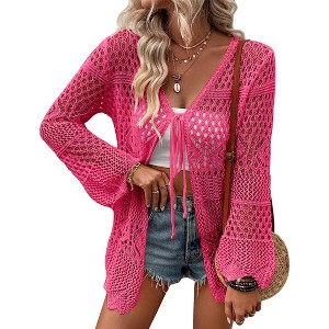 Women's Crochet Cardigan Long Sleeve Tie Front Hollow Out Thin Cardigan - 1 of 3