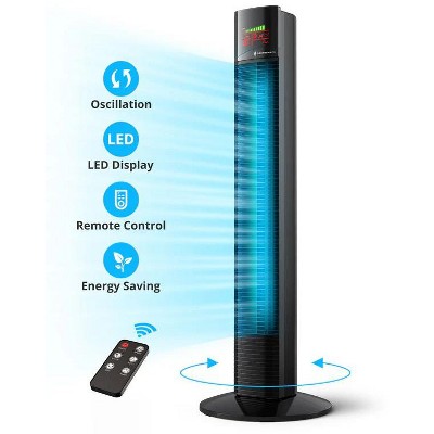 TaoTronics 35/36" Tower Fan Smart LED Display Panel Portable Fans 12H Timer 65°Oscillating Floor Fan with Remote & 3-Speed & 9-Mode,Black